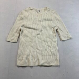 Uniqlo Wool Sweater Womens L Ivory Ribbed Knit 3/4 Sleeve Crew Neck Pullover